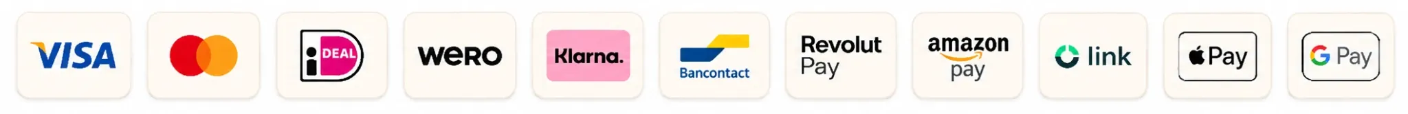 Visa, Mastercard, iDEAL, Wero, Klarna, Bancontact, Revolut Pay, Amazon Pay, Link, Apple Pay, Google Pay